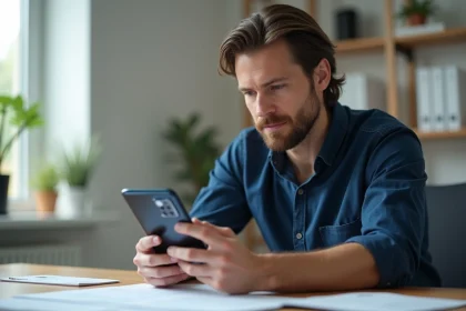 Homme analysant un Samsung Galaxy A51 à son bureau, comparant les caractéristiques techniques pour choisir la bonne série