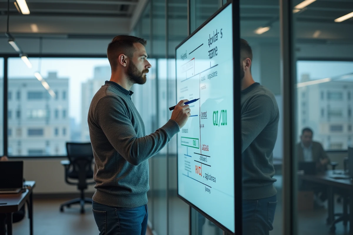 Homme en réunion analysant un diagramme de pipeline automatisé