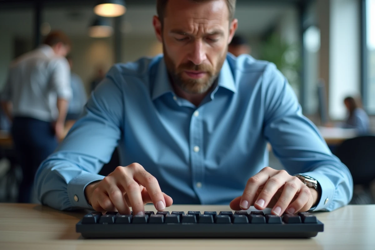 Homme en bureau examinant un clavier mécanique avec des touches inversées dans un open space