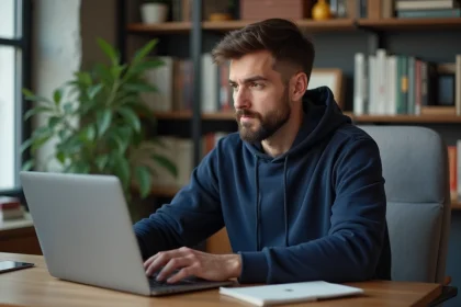 Homme en hoodie bleu dans un bureau cosy et moderne