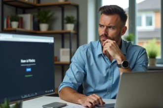 Homme d'âge moyen perplexe devant son ordinateur à la maison