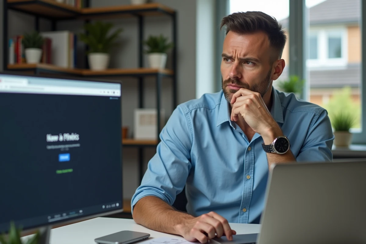 Homme d'âge moyen perplexe devant son ordinateur à la maison