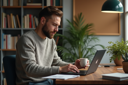 Homme en casual regardant une app podcast sur son ordinateur