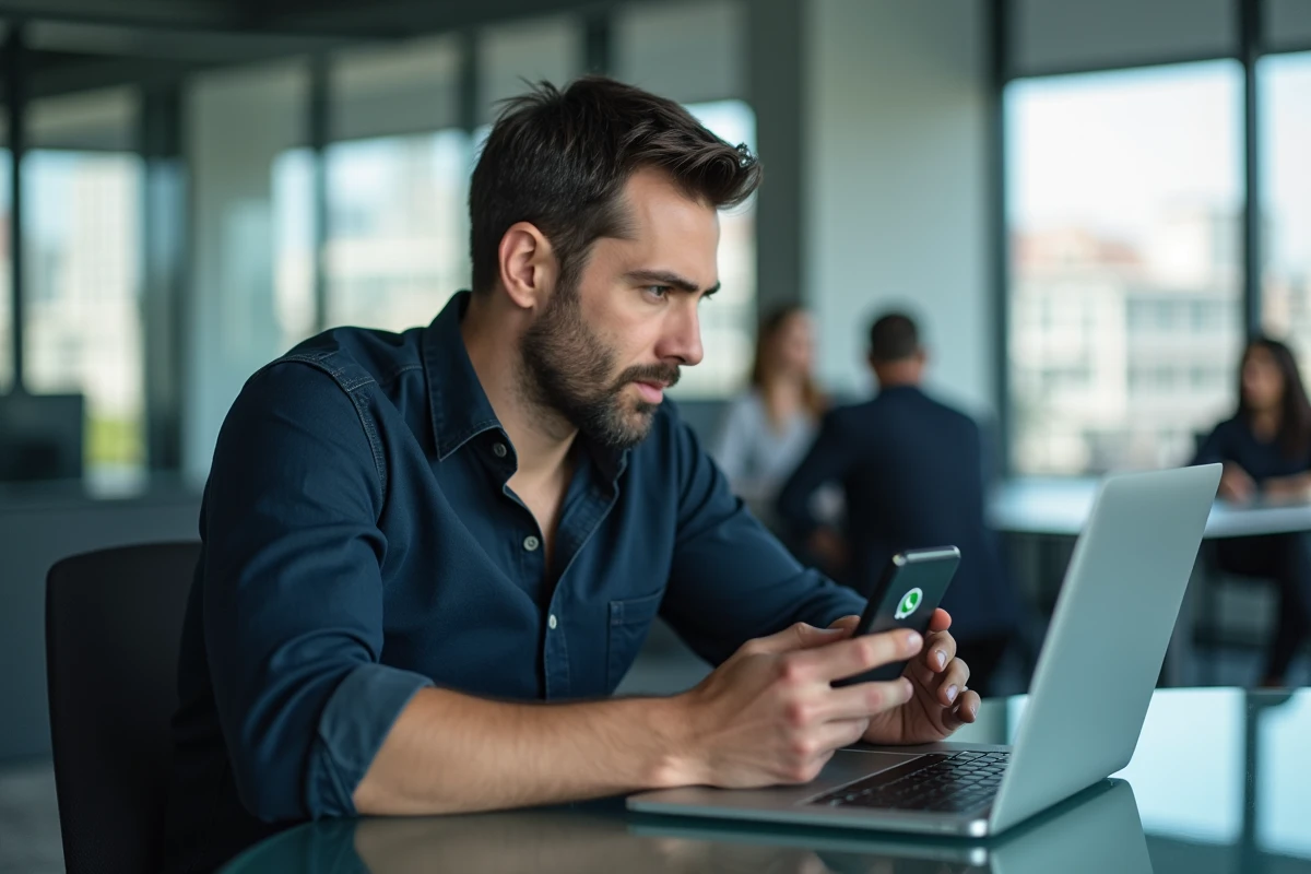 Homme en bureau moderne consultant WhatsApp sur téléphone pour retrouver et surligner des messages clés