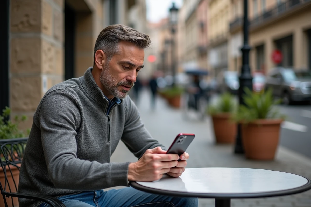 Homme d age moyen utilisant l application Grovop au cafe en plein air