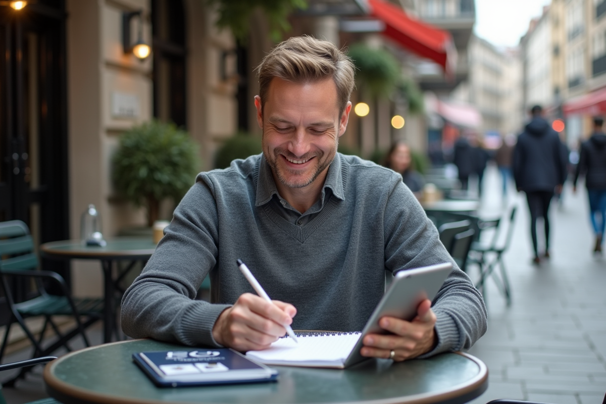 Homme prenant des notes SEO dans un café en extérieur