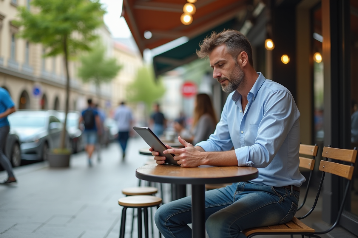 Homme au café utilisant une tablette pour discuter