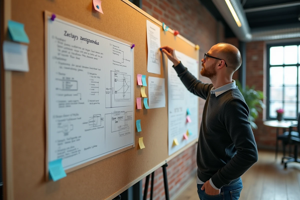 Homme accrochant un document sur un tableau dans un espace de coworking