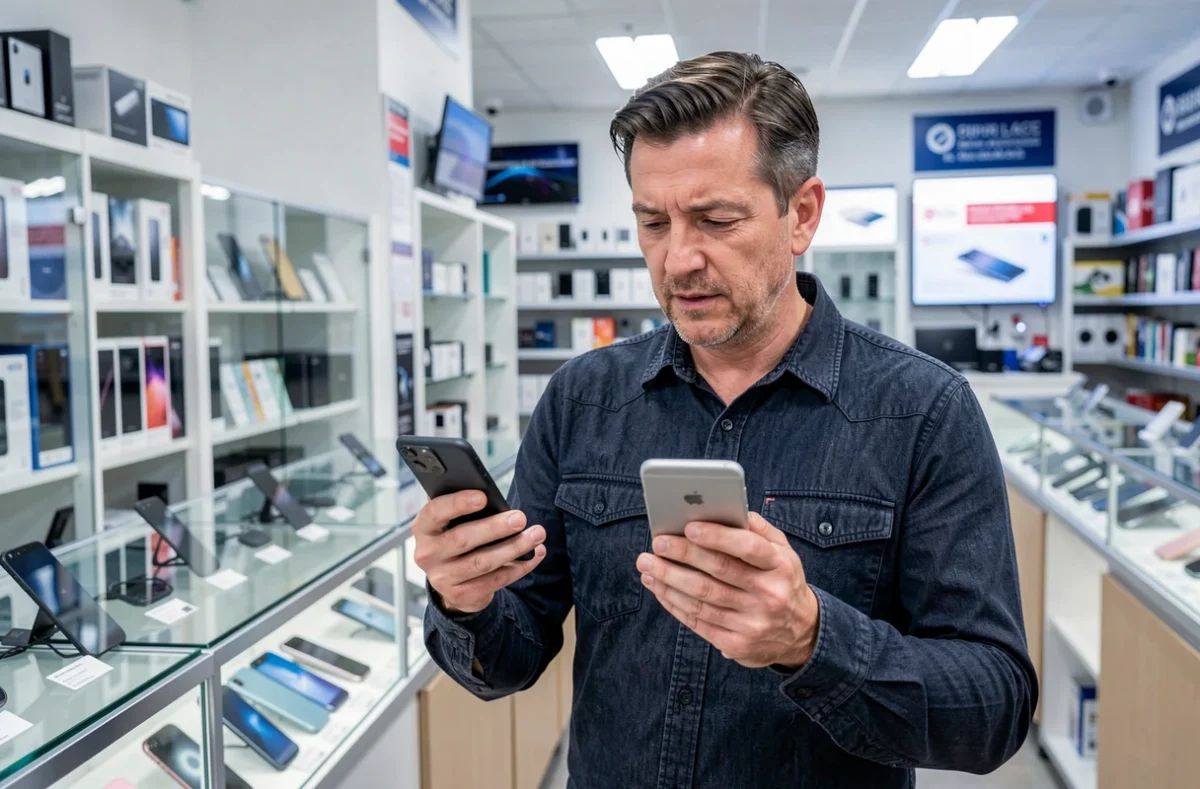 Homme comparant deux smartphones dans un magasin de téléphones reconditionnés