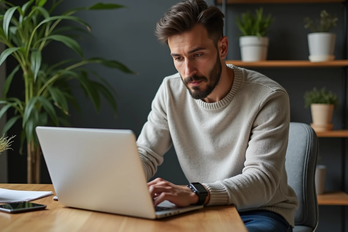 Homme en sweater et jeans configure ses emails au bureau