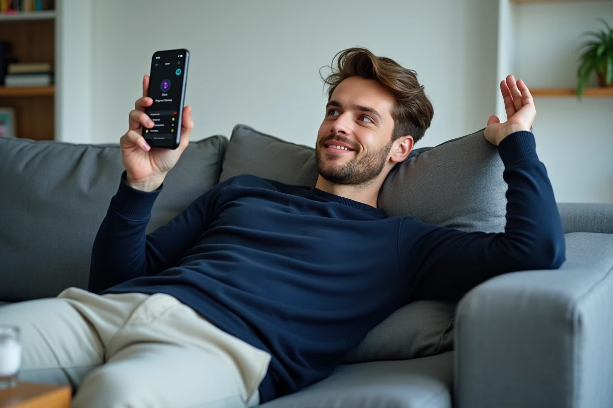 Homme allongé sur un canapé utilisant une appli de conversion YouTube sur iPhone iOS