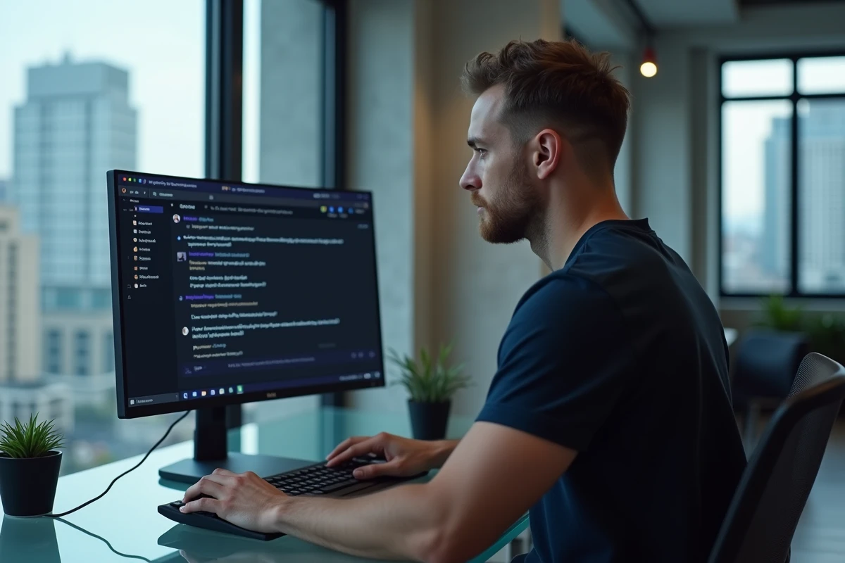 Homme utilisant Discord sur un grand écran avec des messages formatés en italique dans une application de chat
