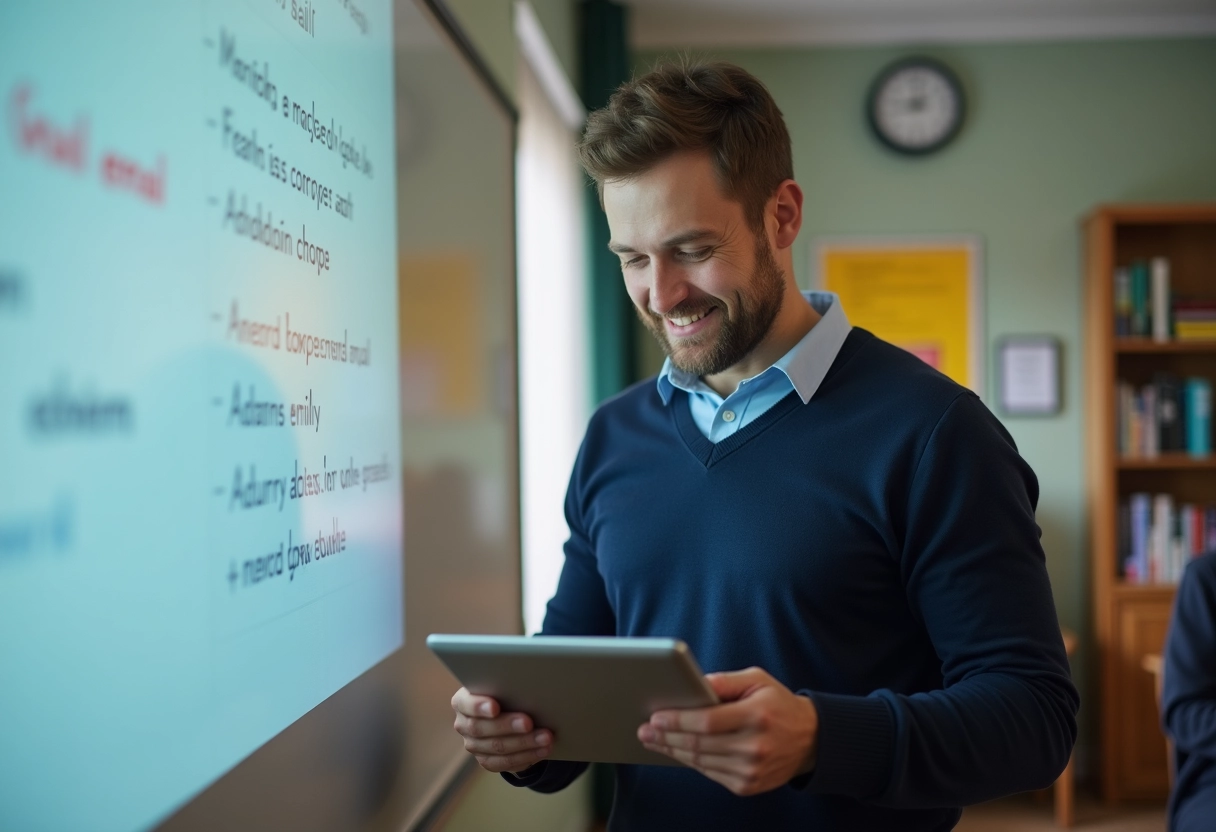 Professeur étudiant des emails sur une tablette dans une classe
