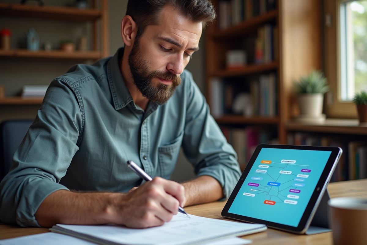 Homme moyen âge dessinant un flux de menu sur un carnet