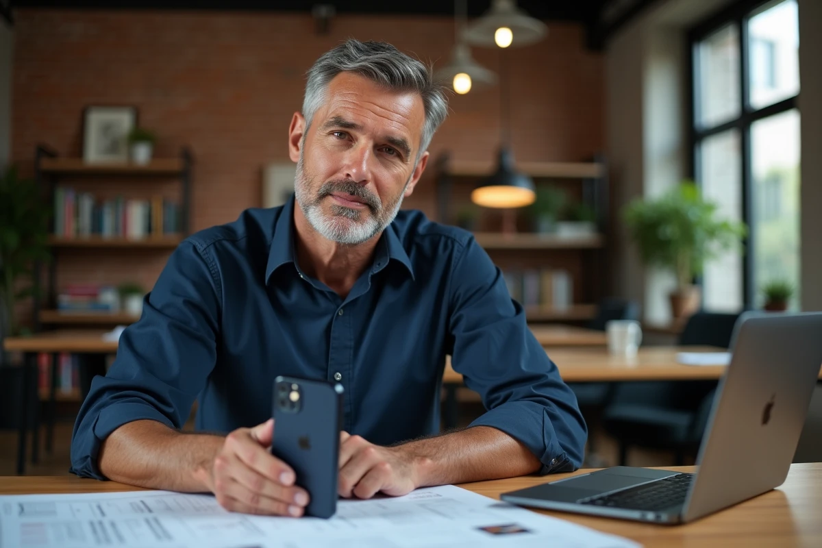 Homme tenant un iPhone 12 dans la main pour évaluer ses dimensions sur un bureau de travail