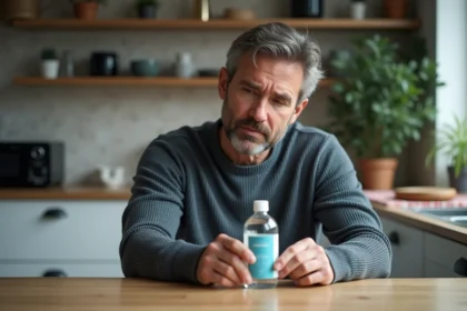 Homme d'âge moyen examine une bouteille de Grovop dans une cuisine moderne