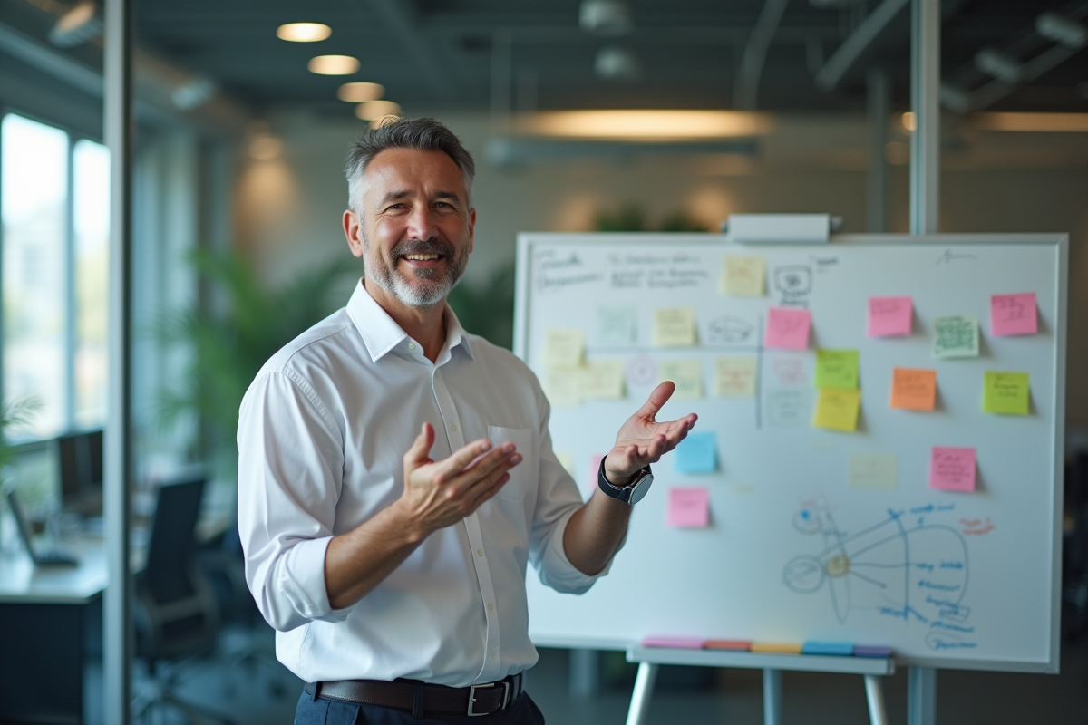 Homme en réunion expliquant des diagrammes sur un tableau blanc
