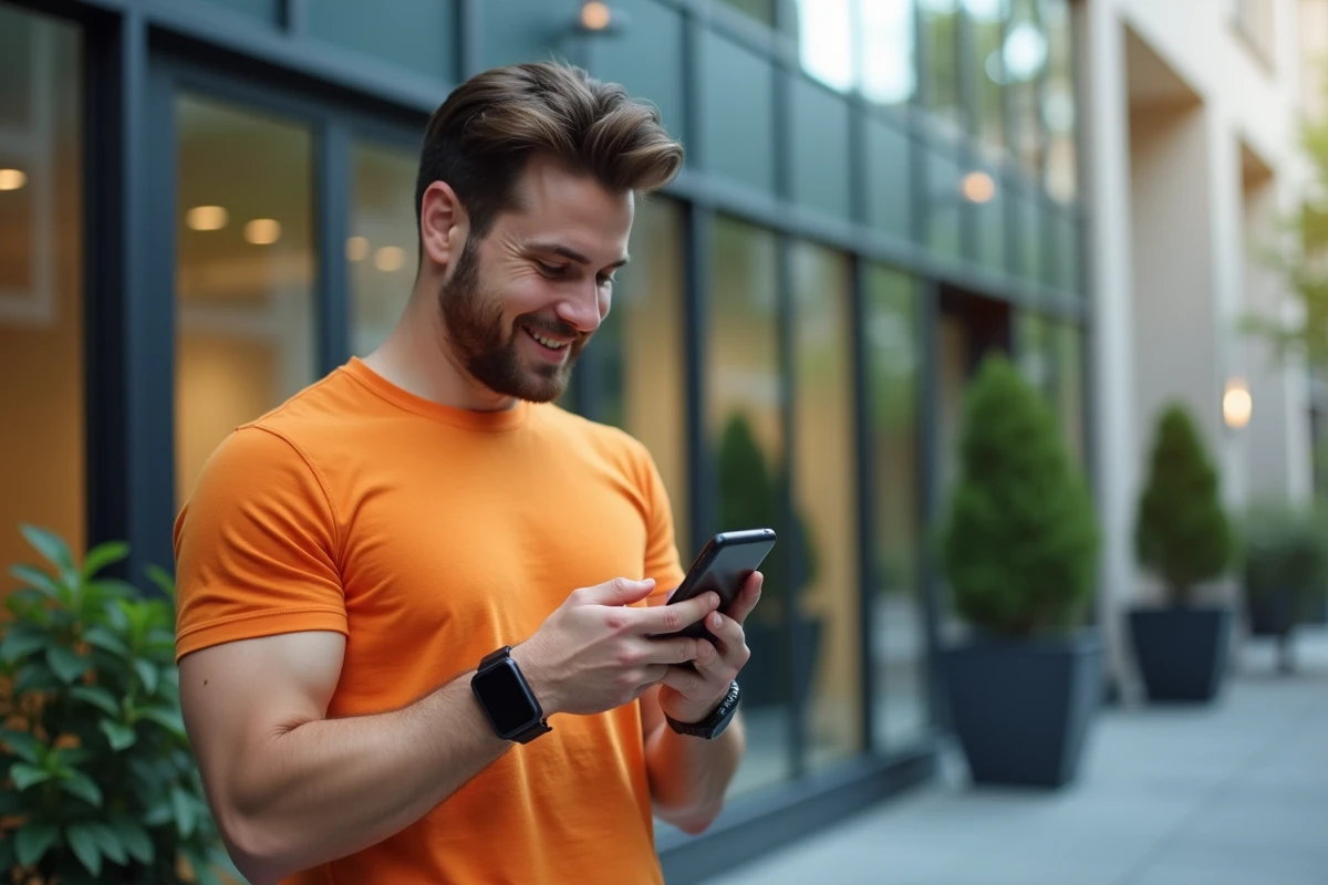 Jeune homme vérifiant ses emails sur smartphone dehors