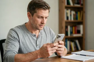 Homme inspectant son ancien iPhone avant de le revendre lors de la sortie du nouveau iPhone SE