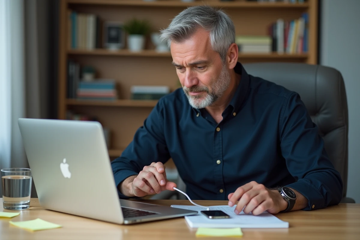 Homme connectant son iPhone à un MacBook pour tenter de récupérer des photos supprimées après une réinitialisation complète