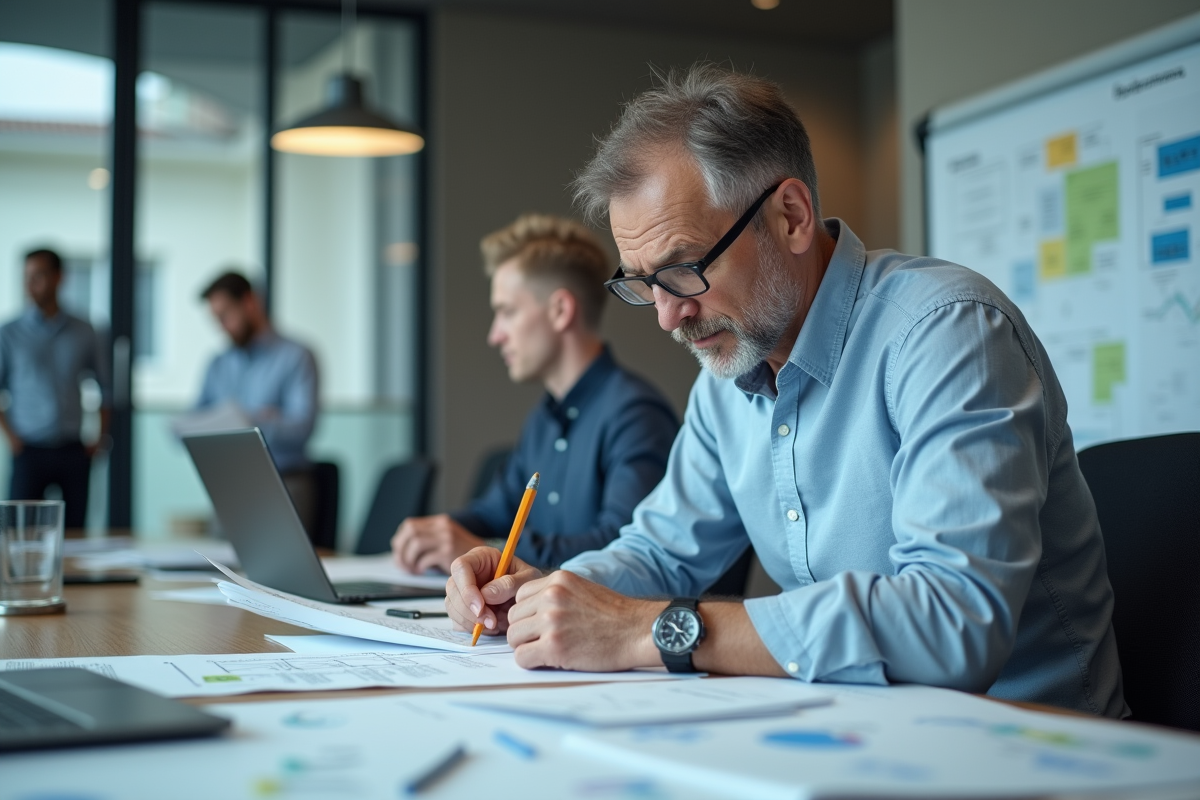 Homme spécialiste IT examine diagrammes et notes