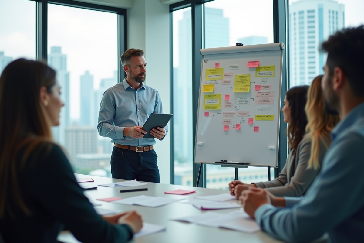 Homme en réunion expliquant options d