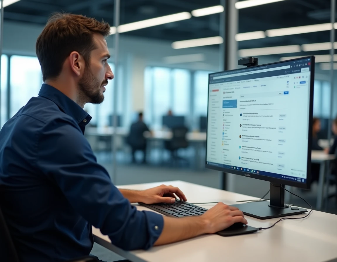 Homme consultant sa messagerie Roundcube sur grand écran dans un bureau professionnel moderne