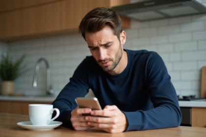Homme frustré parlant à son smartphone dans la cuisine