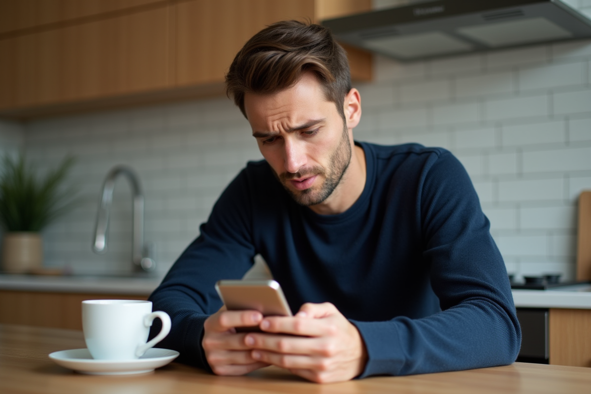 Homme frustré parlant à son smartphone dans la cuisine