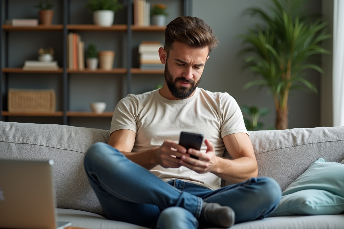 Homme assis sur un canapé dans un intérieur moderne