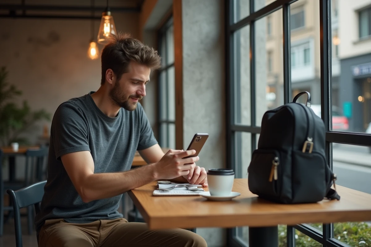 Homme photographiant avec son smartphone compact dans un café urbain moderne lors d'un voyage léger