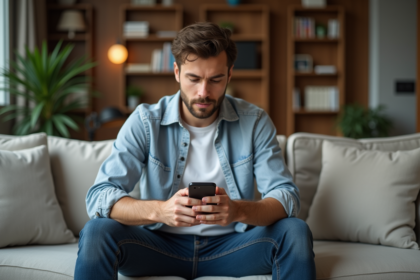 Homme décontracté regardant son smartphone dans un salon