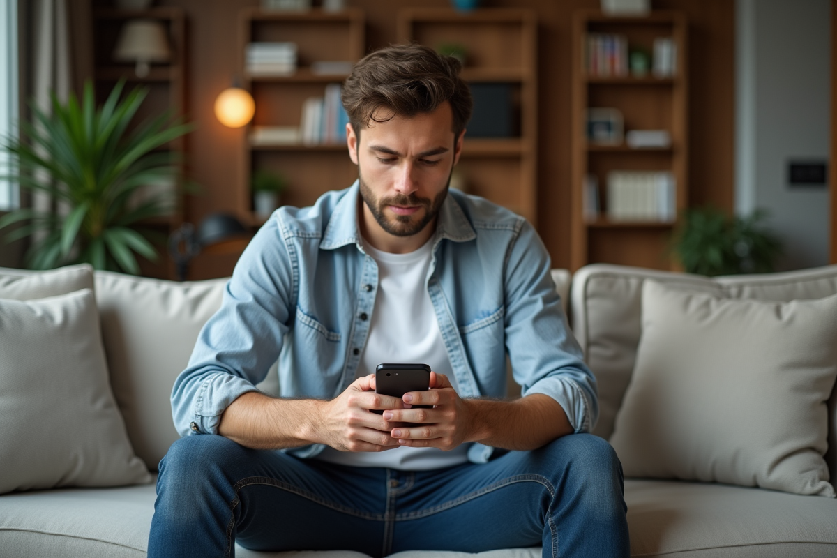 Homme décontracté regardant son smartphone dans un salon