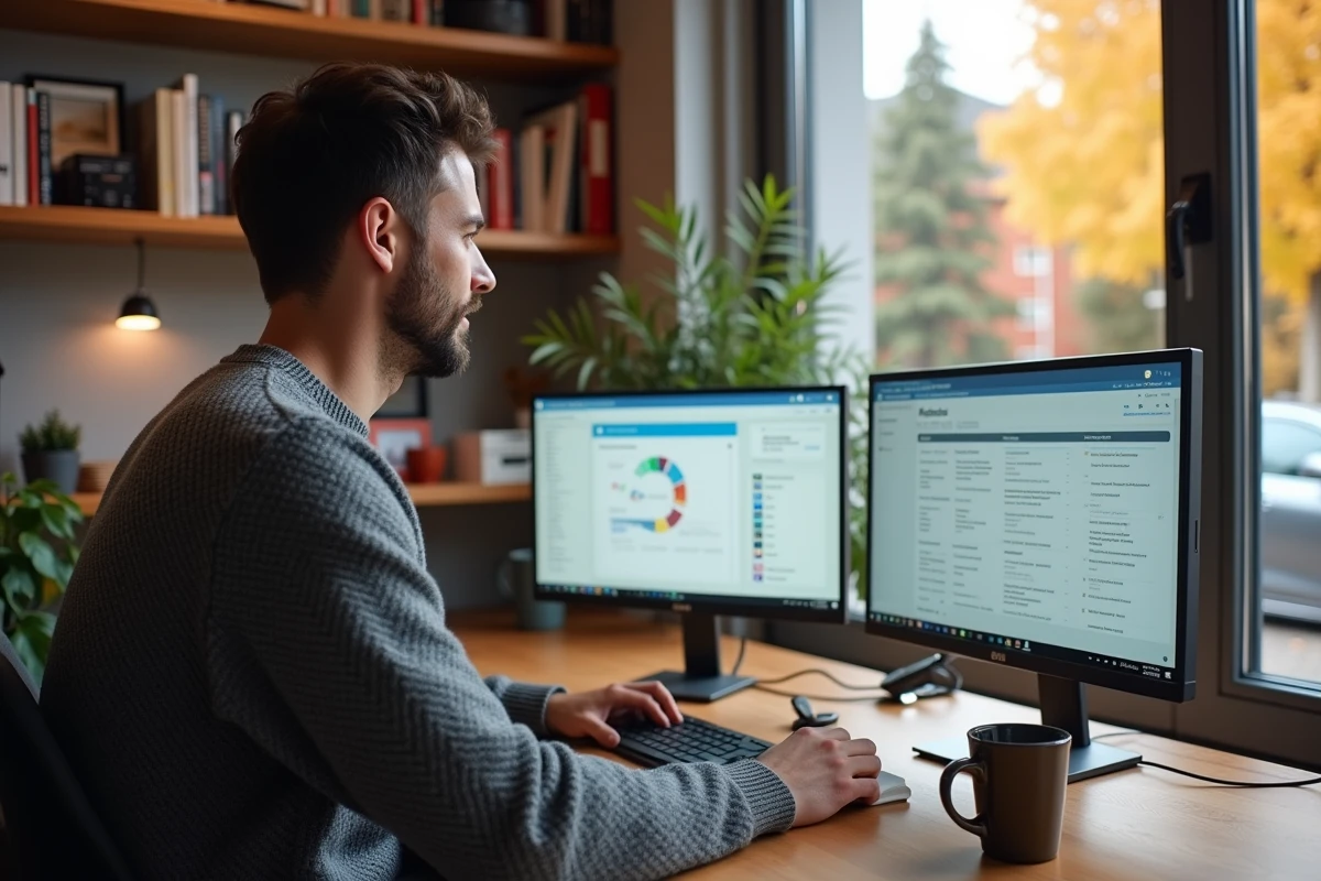 Homme en télétravail depuis son bureau à domicile, utilisant un système de transfert de fichiers en ligne sur un double écran pour collaborer avec son équipe à distance, entouré d'une bibliothèque et d'une fenêtre donnant sur la rue