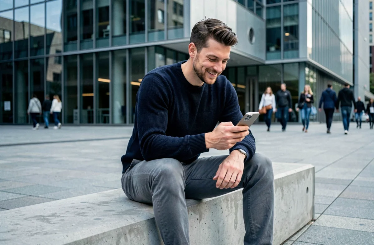 Homme testant les fonctionnalités IA du Samsung Galaxy S25 en extérieur dans un environnement urbain moderne