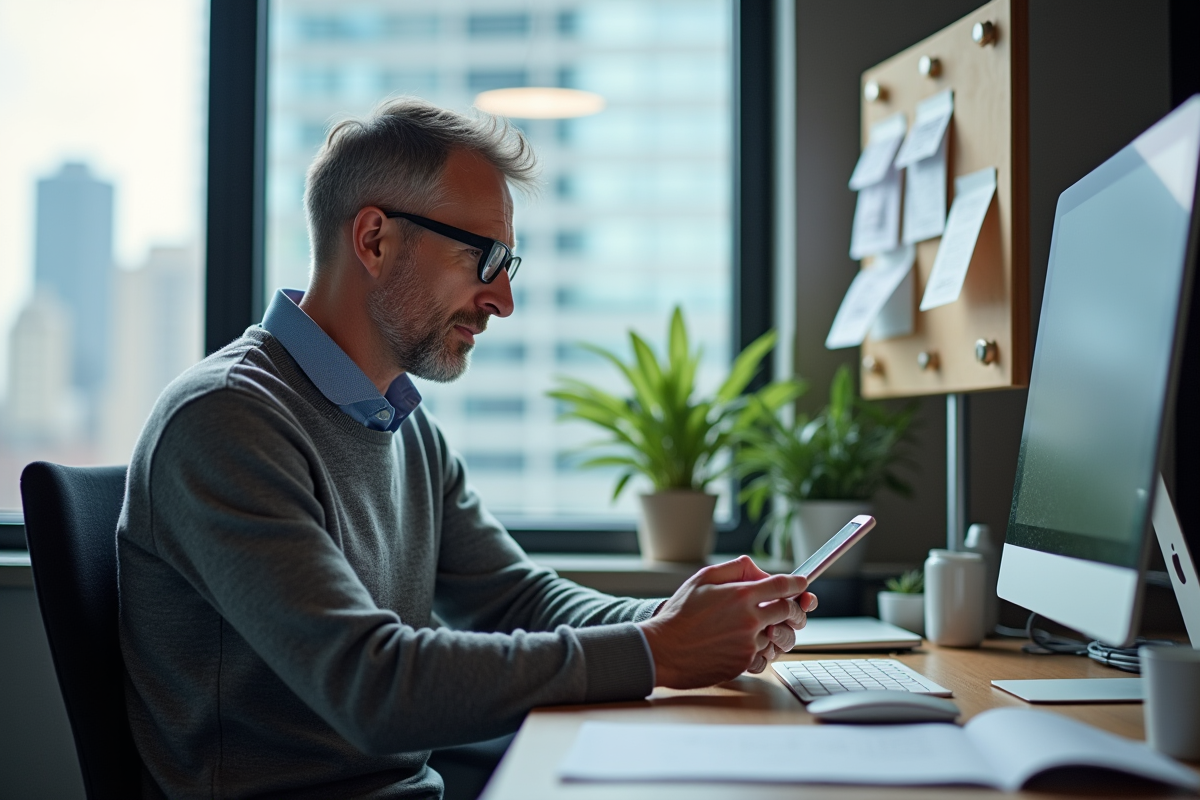 Homme regardant une tablette dans un bureau moderne avec vue urbaine