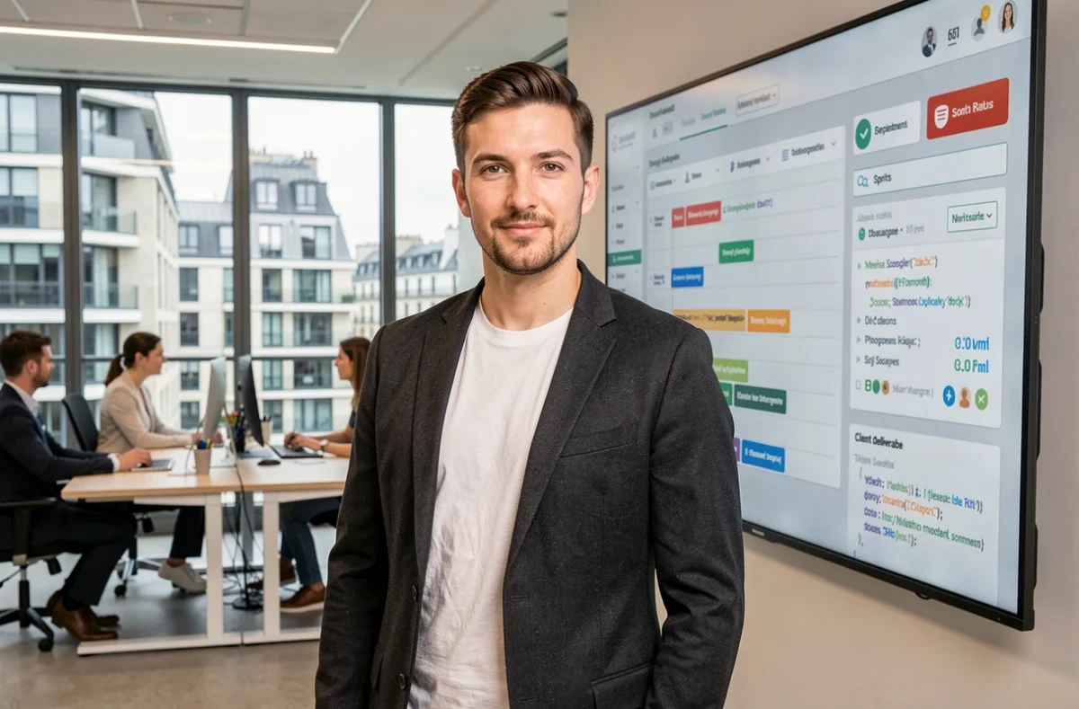 Hugo Battoue représentant son agence de développement spécifique devant un mur d'écrans affichant des tableaux de bord de gestion de projet dans un bureau parisien moderne