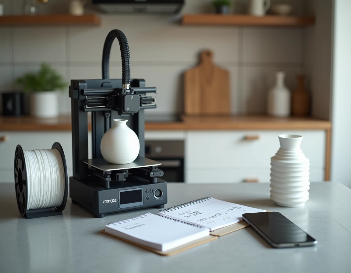 Vue de dessus d'une imprimante 3D compacte avec accessoires sur un comptoir de cuisine dans un appartement urbain