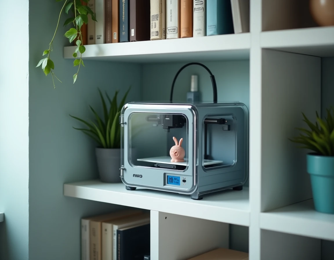 Imprimante 3D avec enceinte acoustique transparente sur une étagère dans un bureau à domicile minimaliste