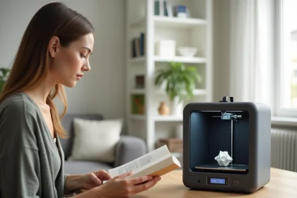 Imprimante 3D compacte posée sur un bureau en bois dans un appartement moderne, femme lisant à proximité dans une ambiance calme