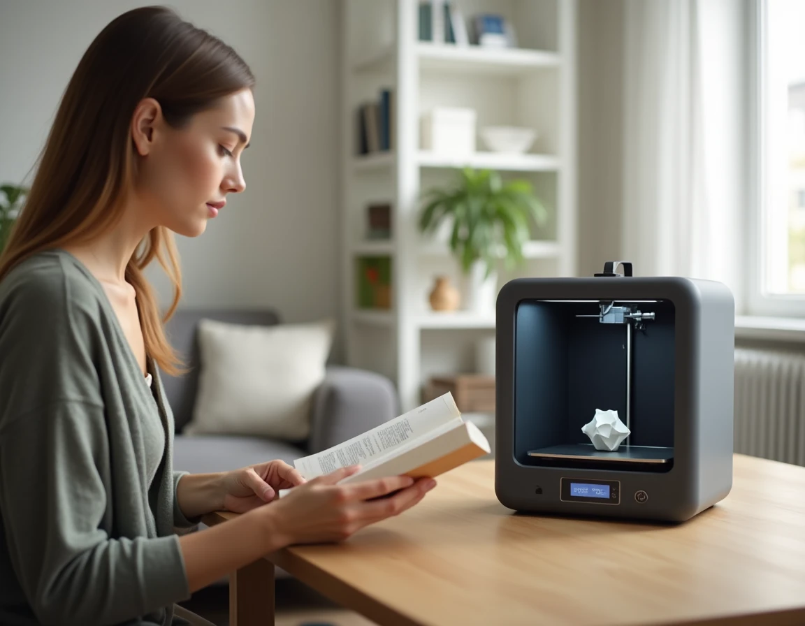 Imprimante 3D compacte posée sur un bureau en bois dans un appartement moderne, femme lisant à proximité dans une ambiance calme