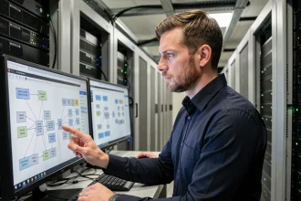 Ingénieur cybersécurité analysant une architecture réseau cloud sécurisée dans une salle de serveurs moderne