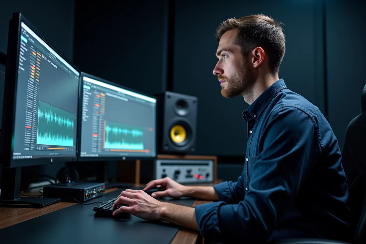 Ingénieur du son travaillant sur un logiciel de conversion audio dans une salle de contrôle professionnelle