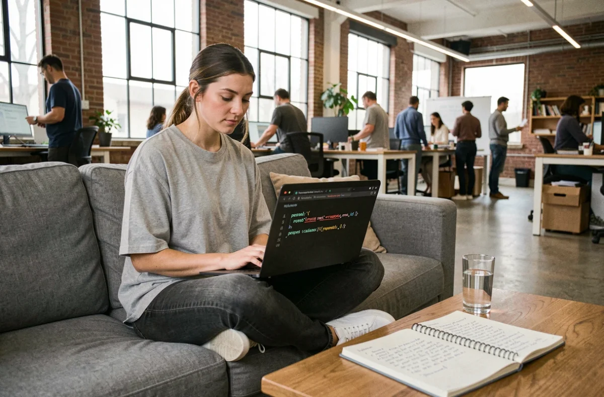 Ingénieure logicielle travaillant sur un script Python de scraping web avec des erreurs affichées dans un espace de coworking