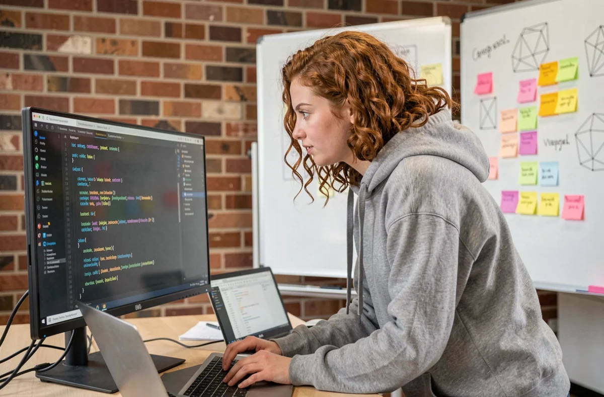 Développeuse Innovzone concentrée sur son code dans un espace de travail startup créatif avec des murs en briques apparentes