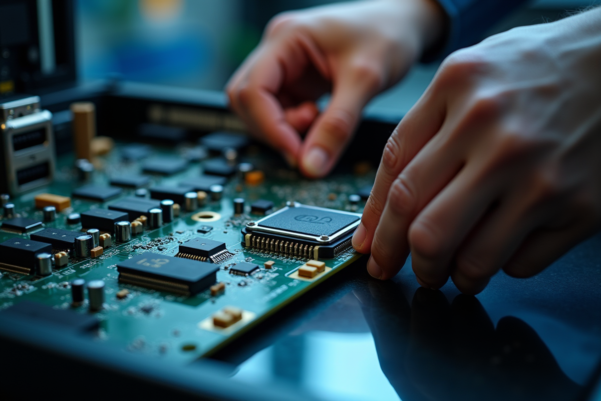 Mains d’un technicien installant une carte PIX dans un ordinateur