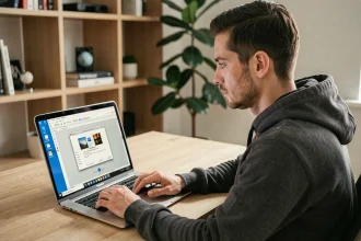 Homme installant macOS dans VirtualBox sur un PC Windows dans un bureau à domicile