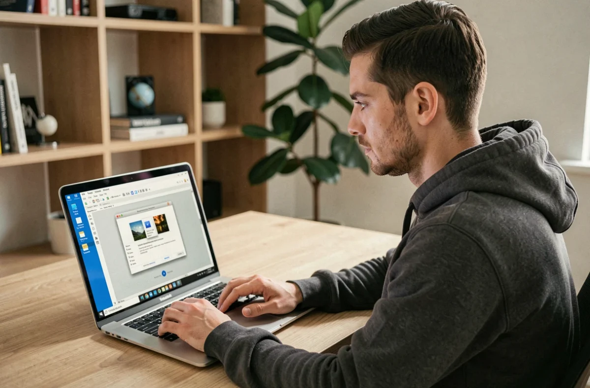 Homme installant macOS dans VirtualBox sur un PC Windows dans un bureau à domicile
