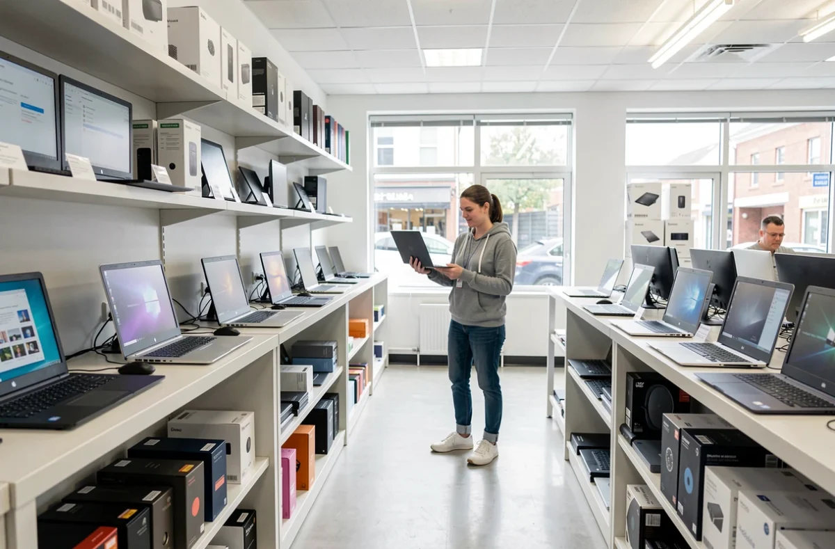 Intérieur lumineux d'un magasin informatique avec ordinateurs exposés