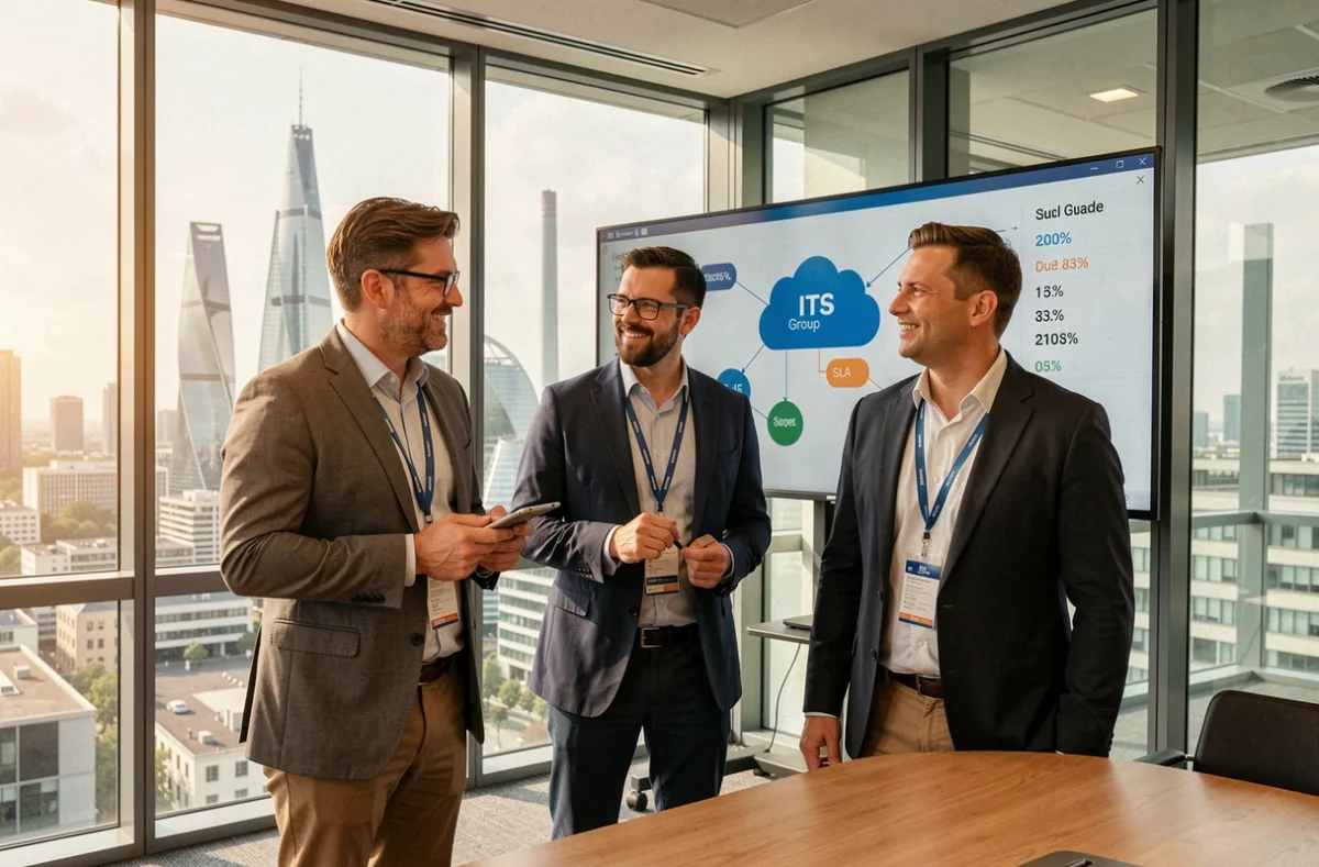 Équipe ITS Group analysant une infrastructure cloud dans une salle de réunion à La Défense